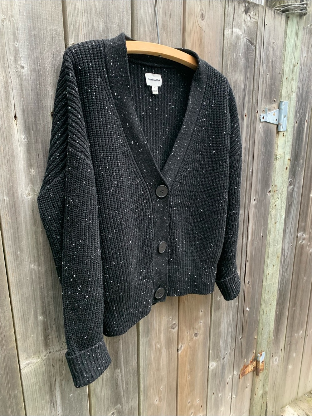 Wool Frank&Oak Black Speckled V-Neck Button-Up Cardigan Sweater M
